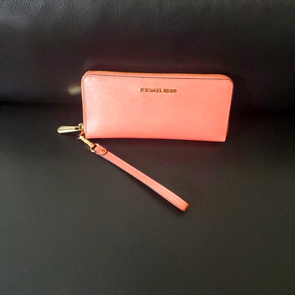 Michael Kors Coral Shimmer Leather Zip Around Wallet